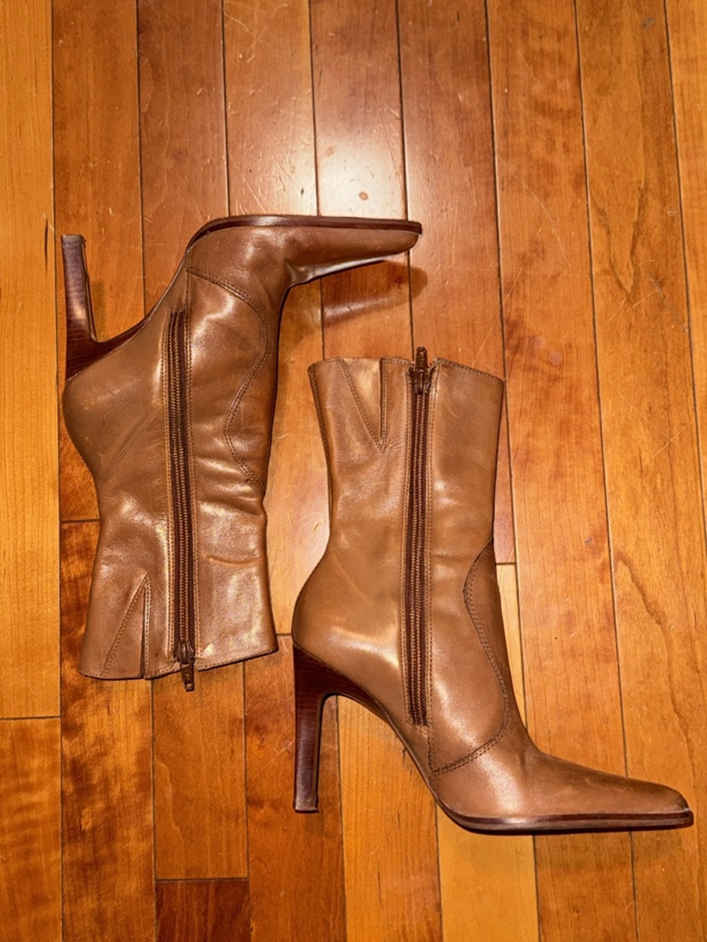 Vintage Y2K Bakers Brown Leather Pointed-Toe Mid-Calf Heeled Boots - Picture 2 of 5